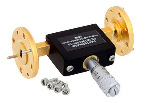 WR-19 導波管 連続可変減衰器、0 〜 30 dB、40 GHz 〜 60 GHz、UG-383/U-Mod 円形フランジ、ダイヤル式