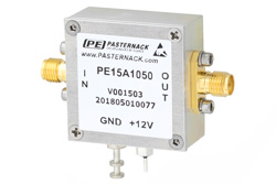 PE15A1050 - 1 dB NF 低ノイズ増幅器、動作範囲 50 MHz 〜 1 GHz、18 dB ゲイン、16 dBm P1dB、SMA