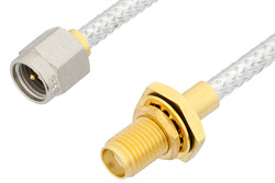 PE3468LF - SMA オス 〜 SMA メス バルクヘッドケーブル、PE-SR402FL 同軸、鉛フリーはんだ