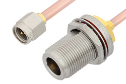 PE3769LF - SMA オス 〜 N メス バルクヘッドケーブル、RG402 同軸、鉛フリーはんだ