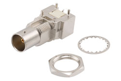 PE40008 - 12G SDI 75 Ω BNC メス 直角 バルクヘッドマウント コネクタ, はんだ接続, 0.062" PCB