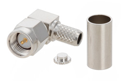 PE4002 - SMA オス 直角コネクタ、圧着/はんだ接続、RG55、RG142、RG223、RG400、RG141