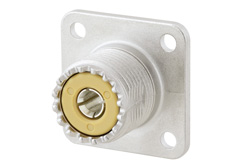 PE4012 - UHF メス コネクタ、はんだ接続、4ホールパネルマウント、ソルダーカップターミナル、.718インチ穴間隔