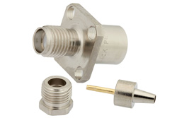 PE4034 - SMA メス コネクタ、クランプ/はんだ接続、4ホールパネルマウント、.100インチ、RG316、RG174、RG188、LMR-100、LMR-100A、LMR-100A-FR、PE-C100、PE-B100、.340インチ穴間隔