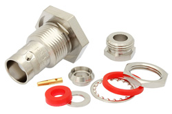 PE4078 - BNC メス バルクヘッドマウントコネクタ、クランプ/はんだ接続、RG58、RG142、RG223、RG400、RG141、RG303、RG55、LMR-400、PE-C195、PE-P195、.480インチD穴