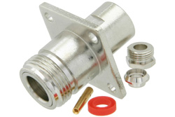 PE4141 - N メス コネクタ、クランプ/はんだ接続、4ホールパネルマウント、RG58、RG142、RG223、RG400、RG141、RG303、RG55、LMR-400、PE-C195、PE-P195、.718インチ穴間隔