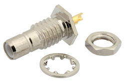 PE4167 - SMB ジャック バルクヘッドマウントコネクタ、はんだ接続、ソルダーカップターミナル、.177インチD穴、リアマウント