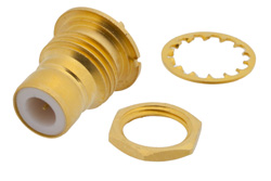 PE4168 - 75 Ω SMB ジャック バルクヘッドマウントコネクタ、はんだ接続、ソルダーカップターミナル、.317インチ直径