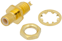 PE4170 - SMB ジャック バルクヘッドマウントコネクタ、はんだ接続、ソルダーカップターミナル、.177インチD穴、フロントマウント