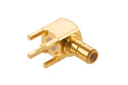 PE4177 - SMB ジャック 直角コネクタ、はんだ接続、スルーホールPCB、.200インチx.067インチ穴間隔