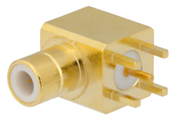 PE4179 - 75 Ω SMB ジャック 直角コネクタ、はんだ接続、スルーホールPCB、.200インチx.067インチ穴間隔