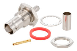 PE4209 - BNC メス バルクヘッドマウントコネクタ、圧着/はんだ接続、RG55、RG142、RG223、RG400、RG141、.480インチD穴