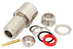 PE4223 - N メス バルクヘッドマウントコネクタ、クランプ/はんだ接続、RG214、RG213、RG393、RG8、RG225、RG11、RG216、RG144、RG215、RG9、.640インチDD穴