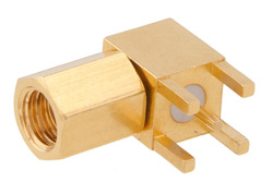 PE4246 - SMC プラグ 直角コネクタ、はんだ接続、スルーホールPCB、.200インチx.067インチ穴間隔