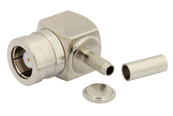 PE4251 - 75 Ω SMB プラグ 直角コネクタ、圧着/はんだ接続、RG179、RG187
