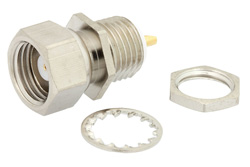 PE4291 - 75 Ω SMC プラグ バルクヘッドマウントコネクタ、はんだ接続、ソルダーカップターミナル、.295インチD穴