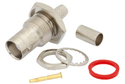 PE4309 - BNC メス バルクヘッドマウントコネクタ、圧着/はんだ接続、RG59、RG62、RG71、.480インチD穴