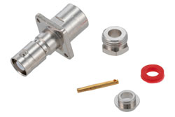 PE4313 - MHV メス コネクタ、クランプ/はんだ接続、4ホールパネルマウント、RG58、RG142、RG223、RG400、RG141、RG303、RG55、LMR-400、PE-C195、PE-P195、.500インチネジ穴間隔