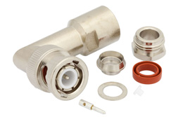 PE4320 - BNC オス 直角コネクタ、クランプ/はんだ接続、RG59、RG62