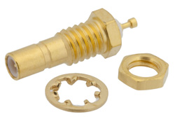 PE4338 - SSMB ジャック バルクヘッドマウントコネクタ、はんだ接続、タレットターミナル、.126インチD穴、リアマウント