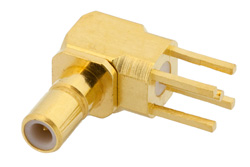 PE4341 - SSMB ジャック 直角コネクタ、はんだ接続、スルーホールPCB、.100インチx.031インチ穴間隔