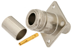 PE44065 - N メス コネクタ、圧着/はんだ接続、4ホールパネルマウント、RG213、RG8、.718インチ穴間隔