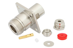 PE44070 - N メス コネクタ、クランプ/はんだ接続、4ホールパネルマウント、RG174、RG316、RG188、.718インチ穴間隔