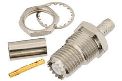 PE44087 - Mini UHF メス バルクヘッドマウントコネクタ、圧着/はんだ接続、.195インチ、RG58、RG141、RG303、LMR-195、LMR-195-FR、PE-C195、PE-P195、.410インチD穴