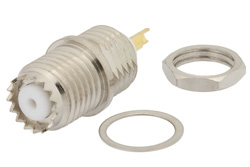 PE44089 - Mini UHF メス バルクヘッドマウントコネクタ、はんだ接続、ソルダーカップターミナル、.350インチD穴、フロントマウント