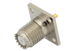 PE44091 - Mini UHF メス コネクタ、はんだ接続、4ホールパネルマウント、ソルダーカップターミナル、.437インチ穴間隔