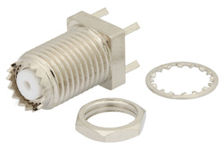 PE44092 - Mini UHF メス バルクヘッドマウントコネクタ、はんだ接続、スルーホールPCB、.380インチ直径