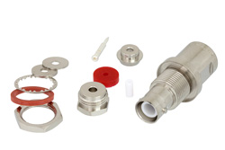 PE44093 - SHV ジャック バルクヘッドマウントコネクタ、クランプ/はんだ接続、RG174、RG316、RG188、.480インチD穴