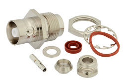 PE44099 - C メス バルクヘッドマウントコネクタ、クランプ/はんだ接続、RG58、RG142、RG223、RG400、RG141、RG303、RG55、LMR-400、PE-C195、PE-P195、.596インチD穴