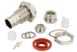 PE44114 - 78 Ω BNC二軸 ジャック バルクヘッドマウントコネクタ、クランプ/はんだ接続、RG108、78Ω二軸、.480インチD穴