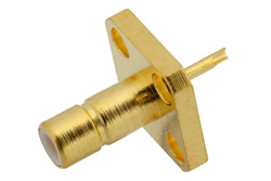 PE44142 - SMB ジャック コネクタ、はんだ接続、4ホールパネルマウント、ソルダーカップターミナル、.232インチ穴間隔