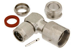 PE44169 - 75 Ω TNC オス 直角コネクタ、クランプ/はんだ接続、RG6