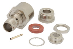 PE44173 - 75 Ω TNC メス バルクヘッドマウントコネクタ、クランプ/はんだ接続、RG6、.480インチD穴