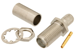 PE44195 - 逆ネジ SMA メス バルクヘッドマウントコネクタ、圧着/はんだ接続、RG58、.235インチD穴