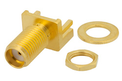 PE44213 - SMA メス バルクヘッドマウントコネクタ、はんだ接続、.042インチエンドランチPCB、.250インチ直径、.375インチx.500インチ端子