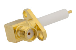 PE44239 - SMA メス 直角コネクタ、はんだ接続、2ホールパネルマウント、ピンターミナル、.481インチ穴間隔、-45度フランジ方向