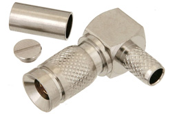 PE44248 - 1.0/2.3 プラグ 直角コネクタ、圧着/はんだ接続、RG58、RG303、RG141、PE-C195、PE-P195、LMR-195、.195インチ