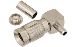 PE44249 - 1.0/2.3 プラグ 直角コネクタ、圧着/はんだ接続、RG174、RG316、RG188、LMR-100、PE-B100、PE-C100、.100インチ