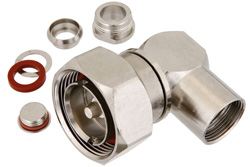 PE44280 - 7/16 DIN オス 直角コネクタ、クランプ/はんだ接続、RG213、RG214、RG8、RG9、RG225、RG393、RG215