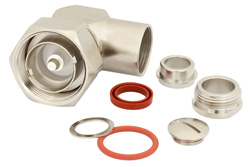 PE44282 - 7/16 DIN オス 直角コネクタ、クランプ/はんだ接続、RG14、RG217