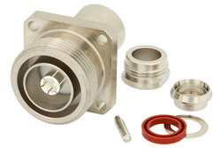 PE44291 - 7/16 DIN メス コネクタ、クランプ/はんだ接続、4ホールパネルマウント、RG214、RG213、RG393、RG8、RG225、RG215、RG9、.975インチ穴間隔