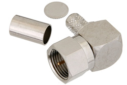 PE44322 - 75 Ω F オス 直角コネクタ、圧着/はんだ接続、RG59、RG62、RG71