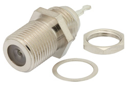 PE44327 - 75 Ω F メス バルクヘッドマウントコネクタ、はんだ接続、タブターミナル、.380インチDD穴