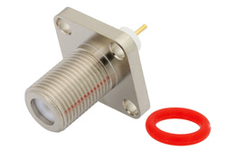 PE44329 - 75 Ω F メス コネクタ、はんだ接続、4ホールパネルマウント、ピンターミナル、.500インチ穴間隔