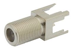 PE44331 - 75 Ω F メス コネクタ、はんだ接続、スルーホールPCB、.320インチx.091インチ穴間隔