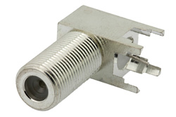 PE44333 - 75 Ω F メス 直角コネクタ、はんだ接続、スルーホールPCB、.320インチx.091インチ穴間隔